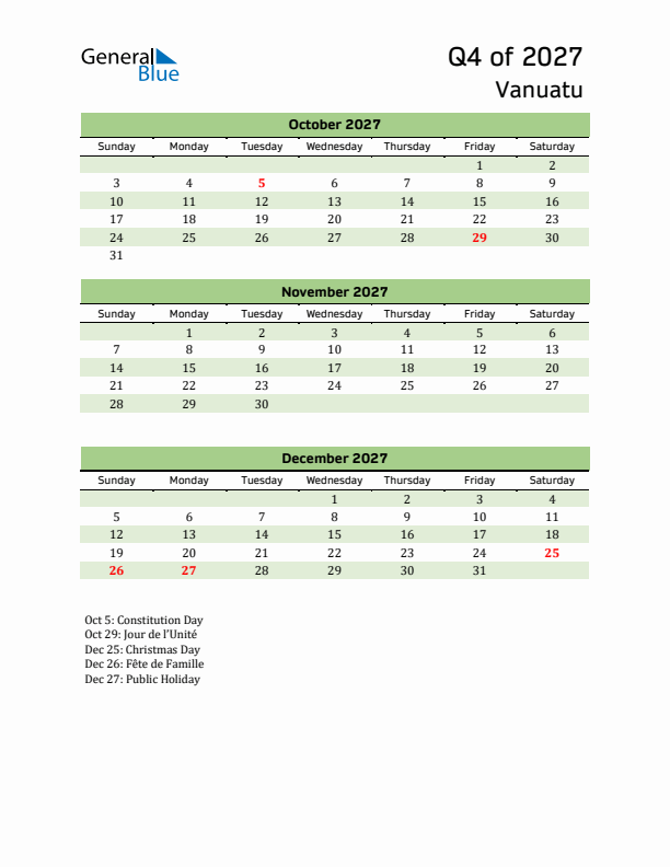 Quarterly Calendar 2027 with Vanuatu Holidays