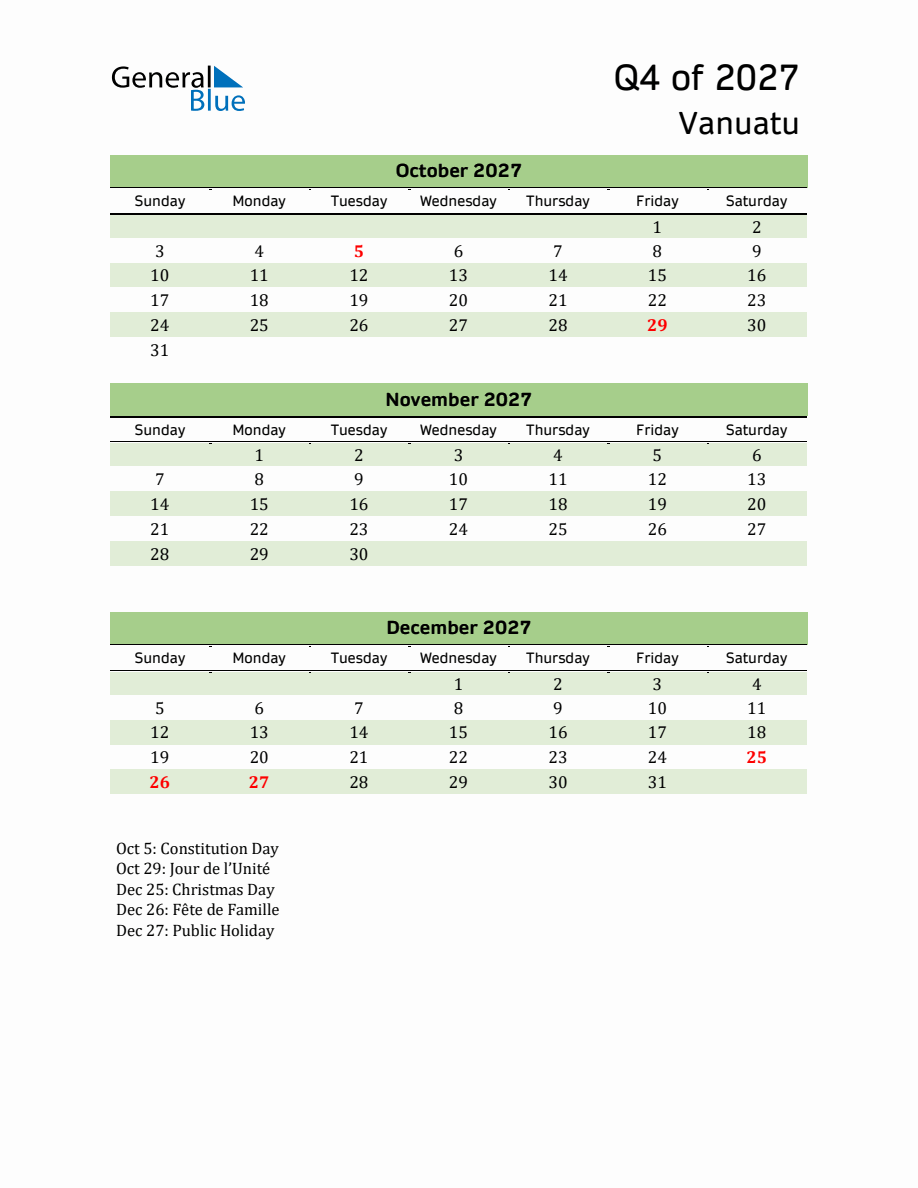 Quarterly Calendar with Vanuatu Holidays (Q4 of 2027)