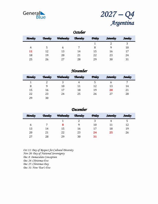 October, November, and December Calendar for Argentina with Monday Start