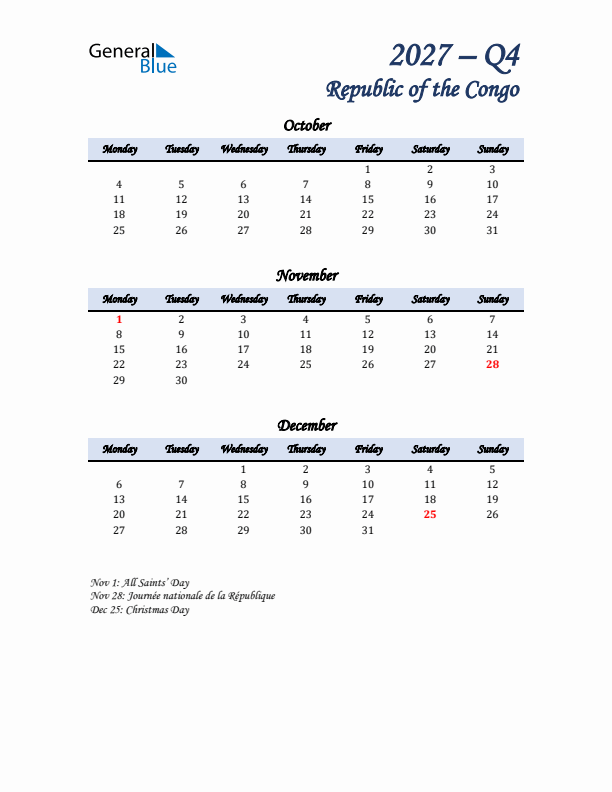October, November, and December Calendar for Republic of the Congo with Monday Start