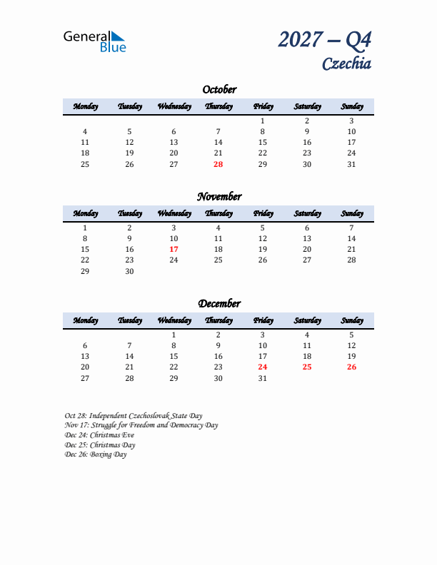 October, November, and December Calendar for Czechia with Monday Start