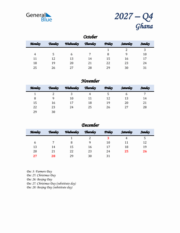 October, November, and December Calendar for Ghana with Monday Start