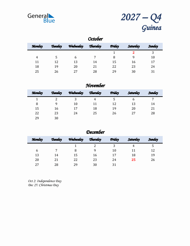 October, November, and December Calendar for Guinea with Monday Start