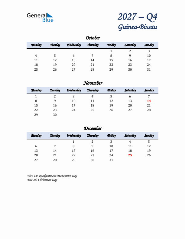 October, November, and December Calendar for Guinea-Bissau with Monday Start