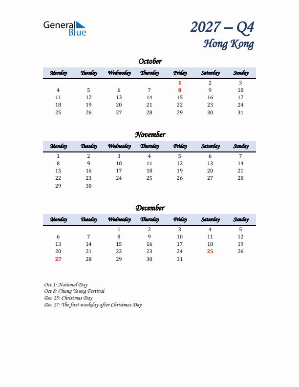 October, November, and December Calendar for Hong Kong with Monday Start