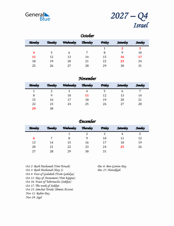 October, November, and December Calendar for Israel with Monday Start