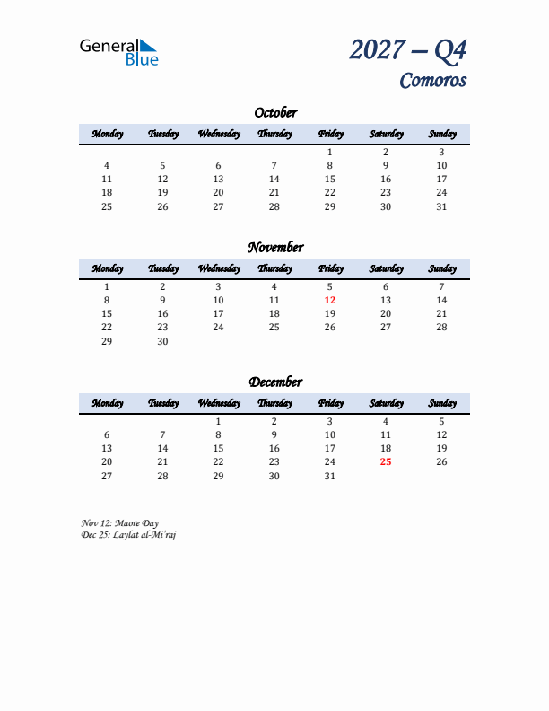 October, November, and December Calendar for Comoros with Monday Start