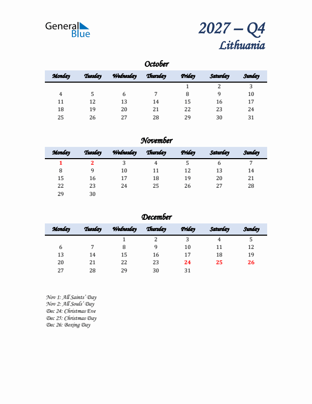 October, November, and December Calendar for Lithuania with Monday Start