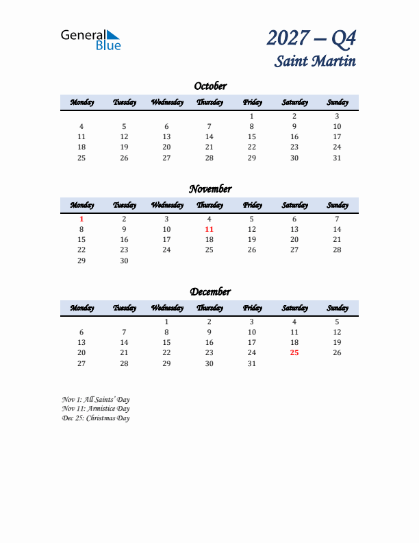 October, November, and December Calendar for Saint Martin with Monday Start