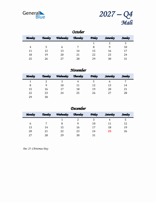 October, November, and December Calendar for Mali with Monday Start