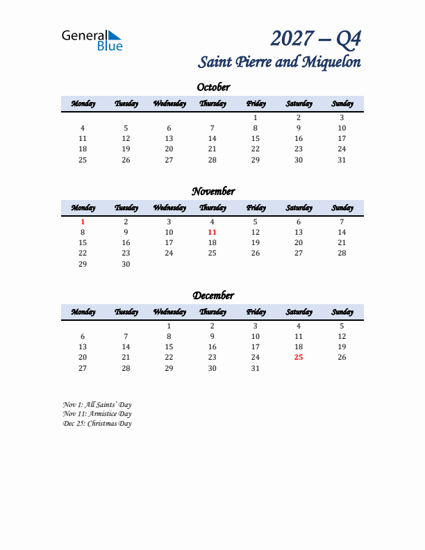 October, November, and December Calendar for Saint Pierre and Miquelon with Monday Start