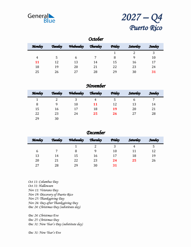 October, November, and December Calendar for Puerto Rico with Monday Start