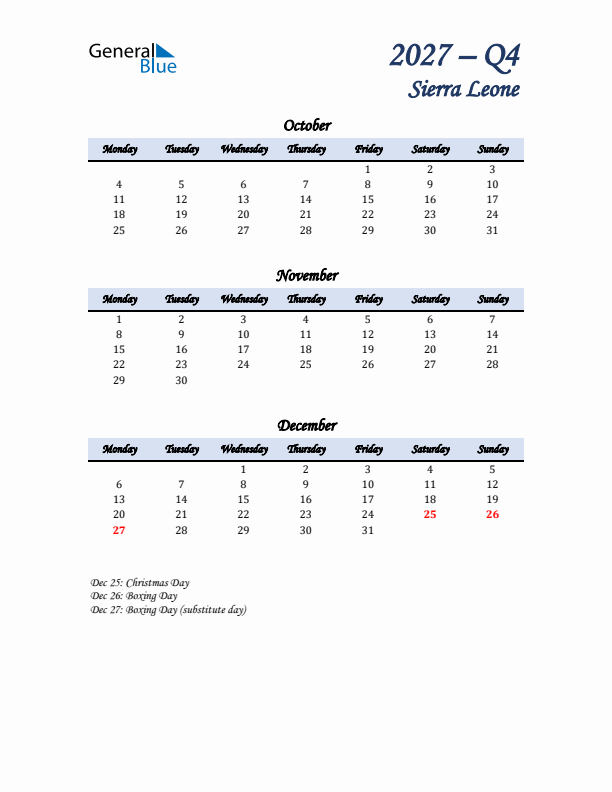 October, November, and December Calendar for Sierra Leone with Monday Start