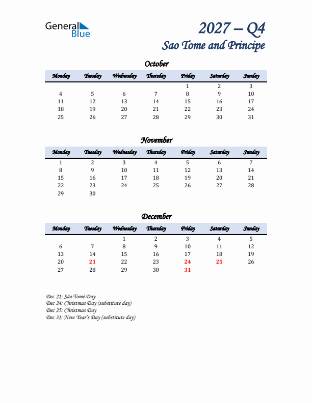 October, November, and December Calendar for Sao Tome and Principe with Monday Start