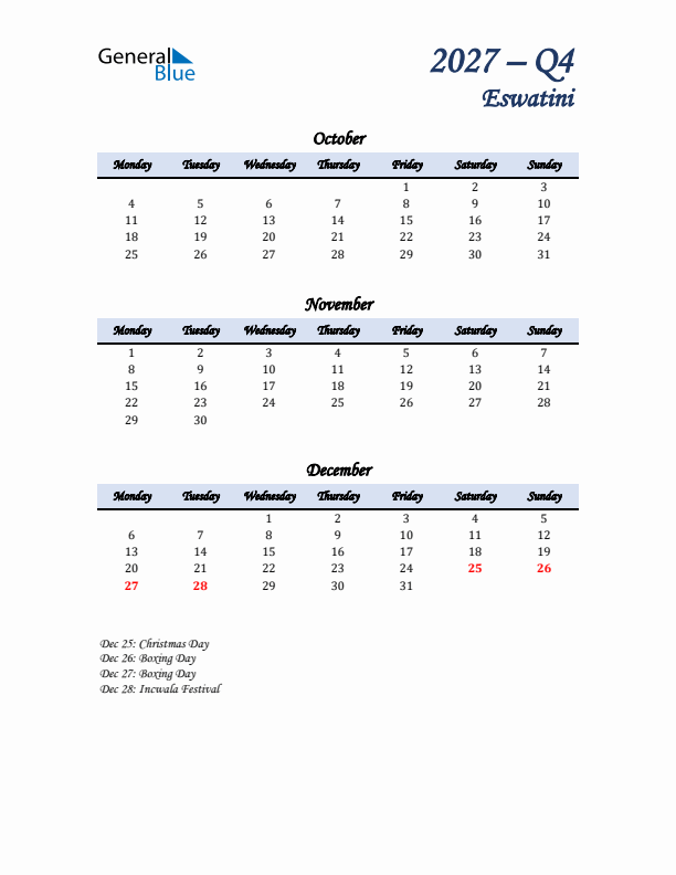 October, November, and December Calendar for Eswatini with Monday Start