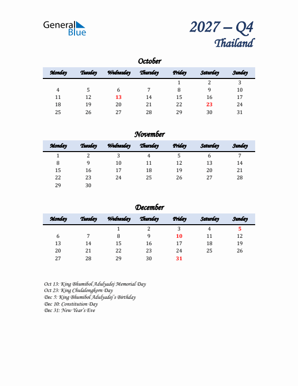 October, November, and December Calendar for Thailand with Monday Start