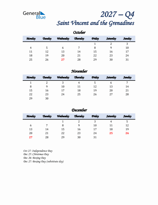 October, November, and December Calendar for Saint Vincent and the Grenadines with Monday Start