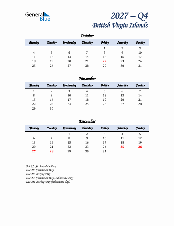 October, November, and December Calendar for British Virgin Islands with Monday Start