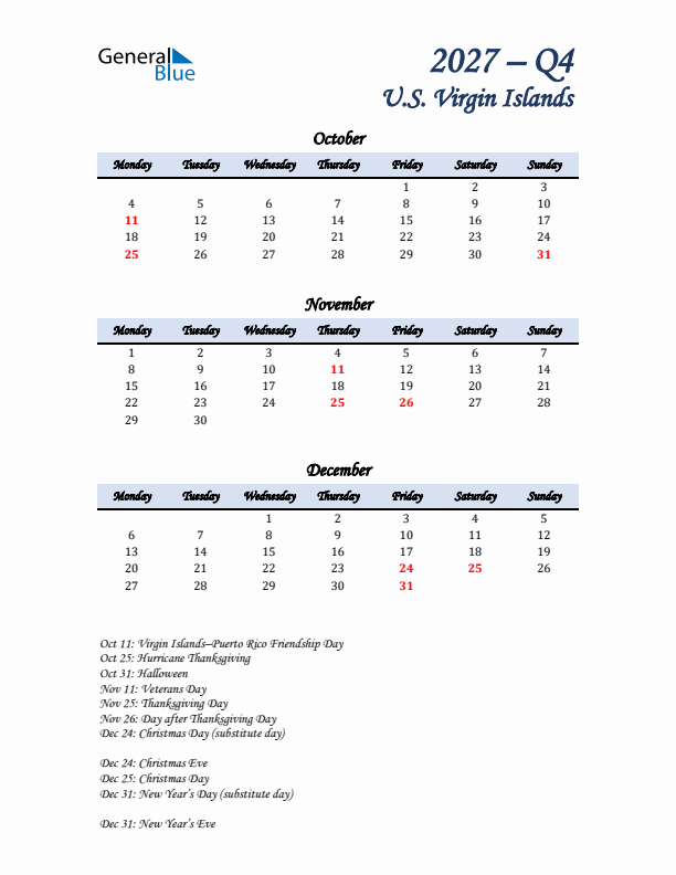 October, November, and December Calendar for U.S. Virgin Islands with Monday Start