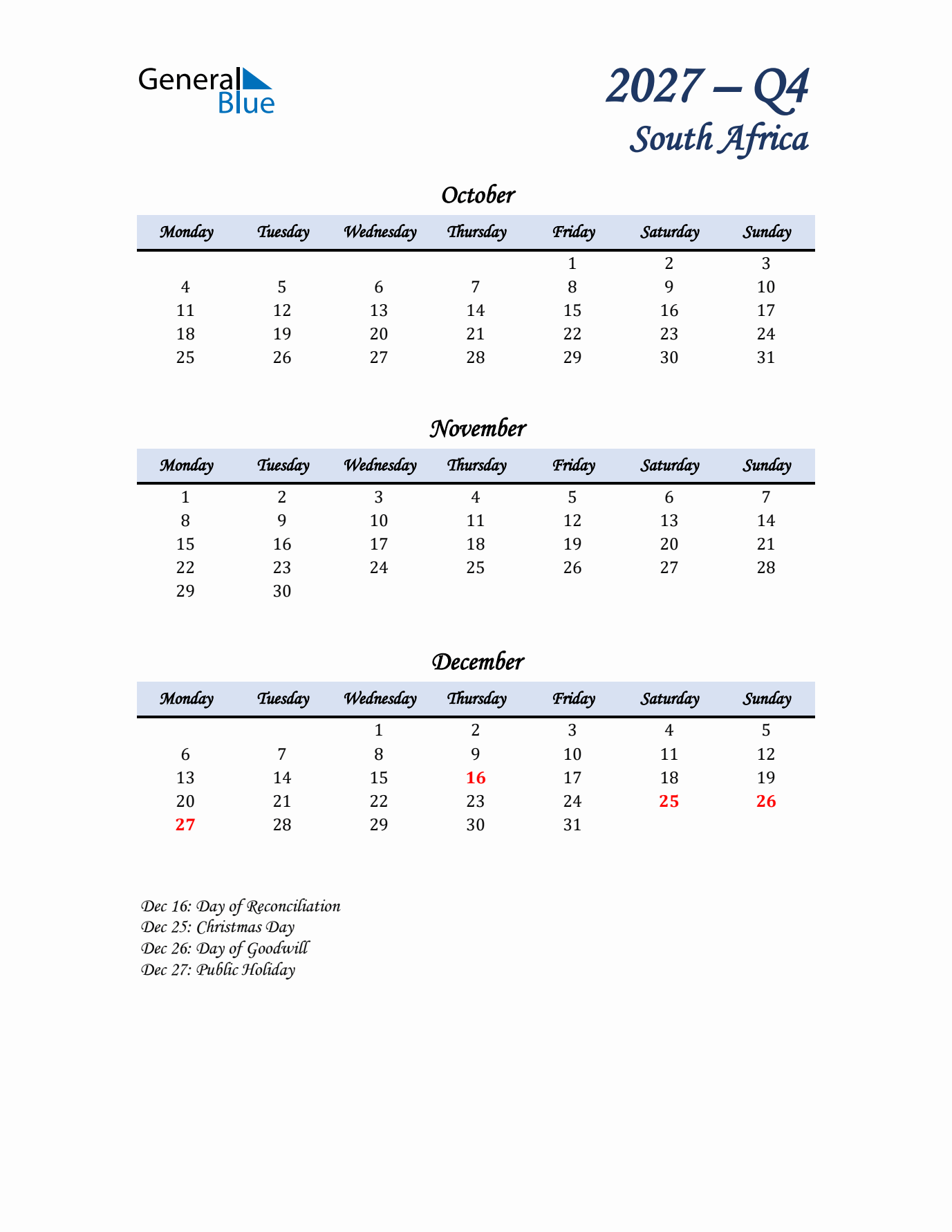 October, November, and December Calendar for South Africa with Monday Start