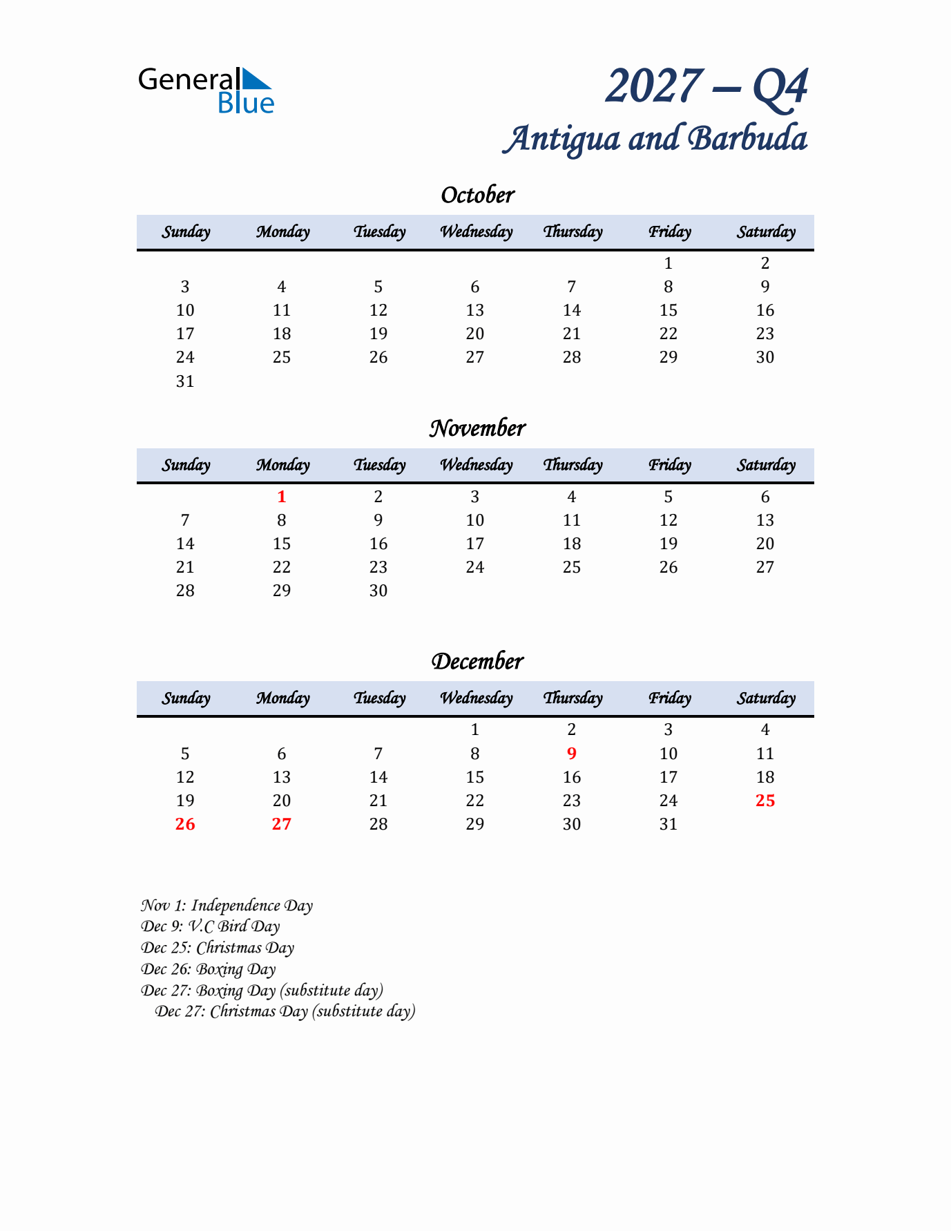 October, November, and December Calendar for Antigua and Barbuda with Sunday Start