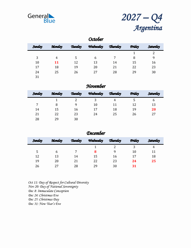 October, November, and December Calendar for Argentina with Sunday Start