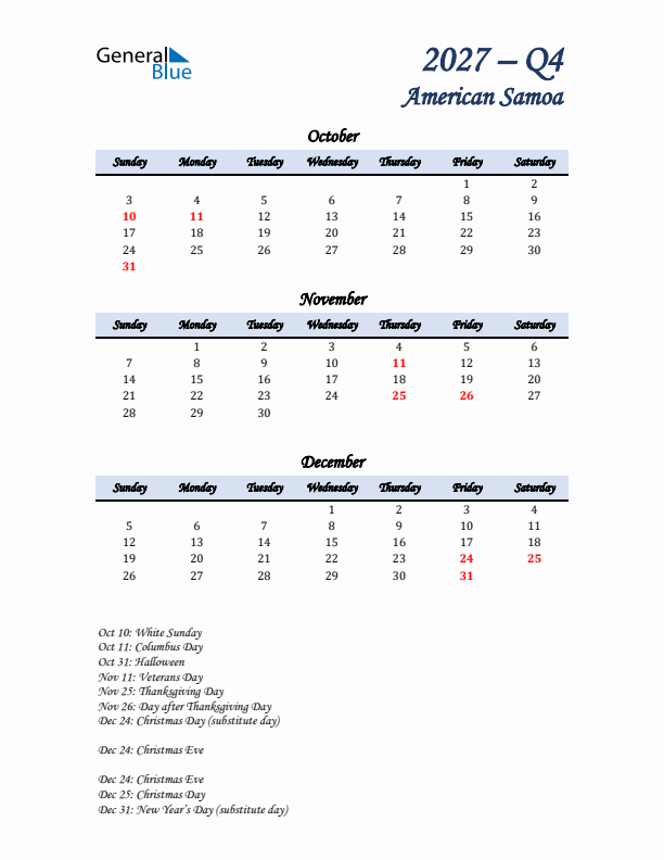October, November, and December Calendar for American Samoa with Sunday Start