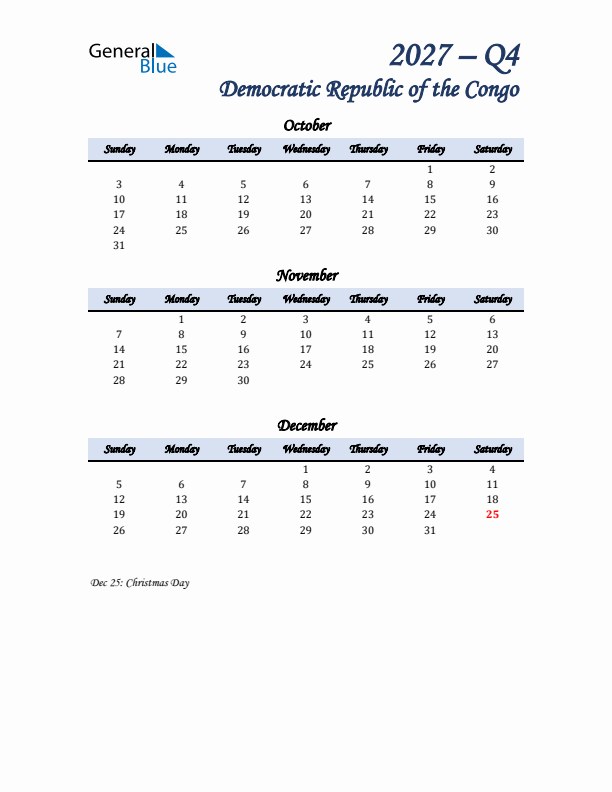 October, November, and December Calendar for Democratic Republic of the Congo with Sunday Start