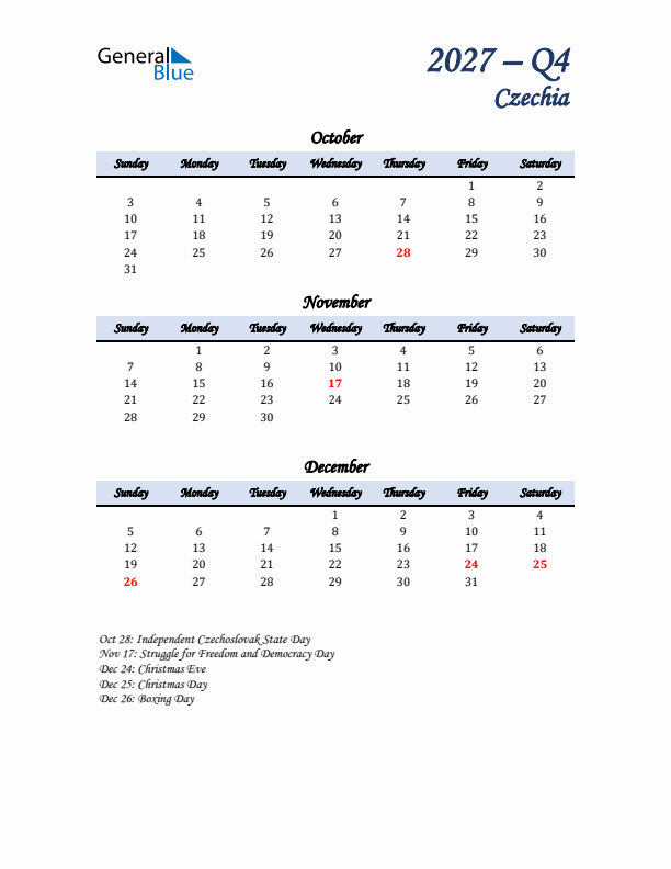 October, November, and December Calendar for Czechia with Sunday Start