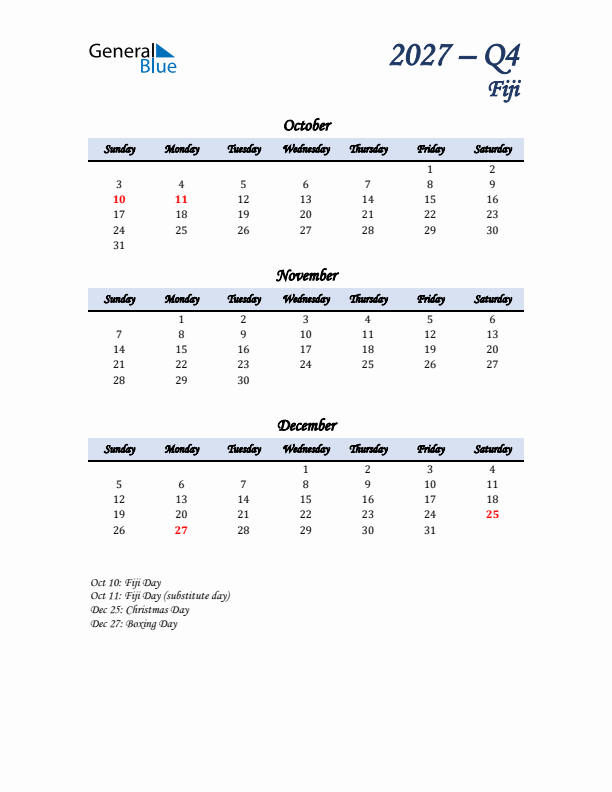 October, November, and December Calendar for Fiji with Sunday Start
