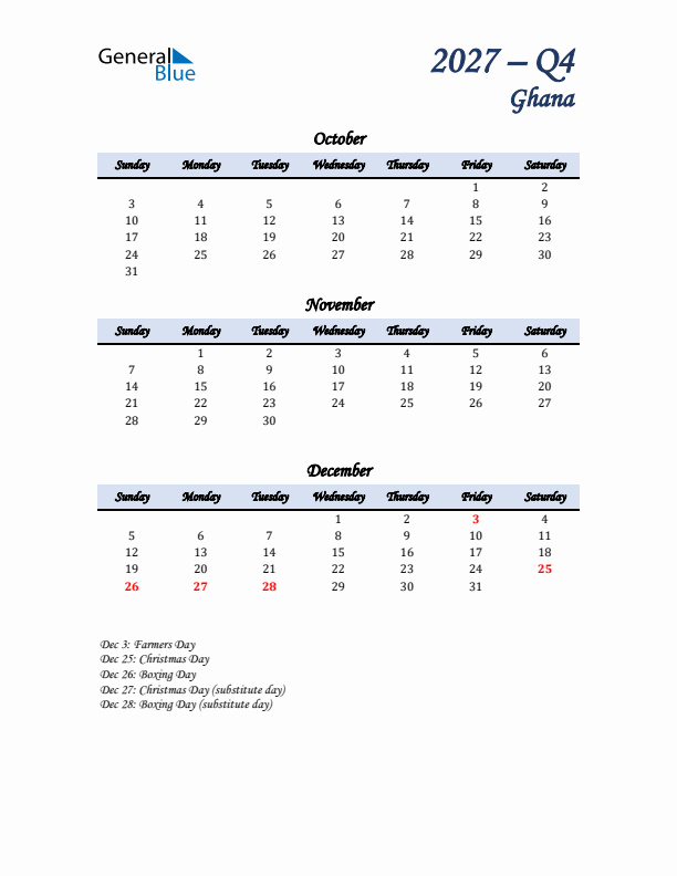 October, November, and December Calendar for Ghana with Sunday Start
