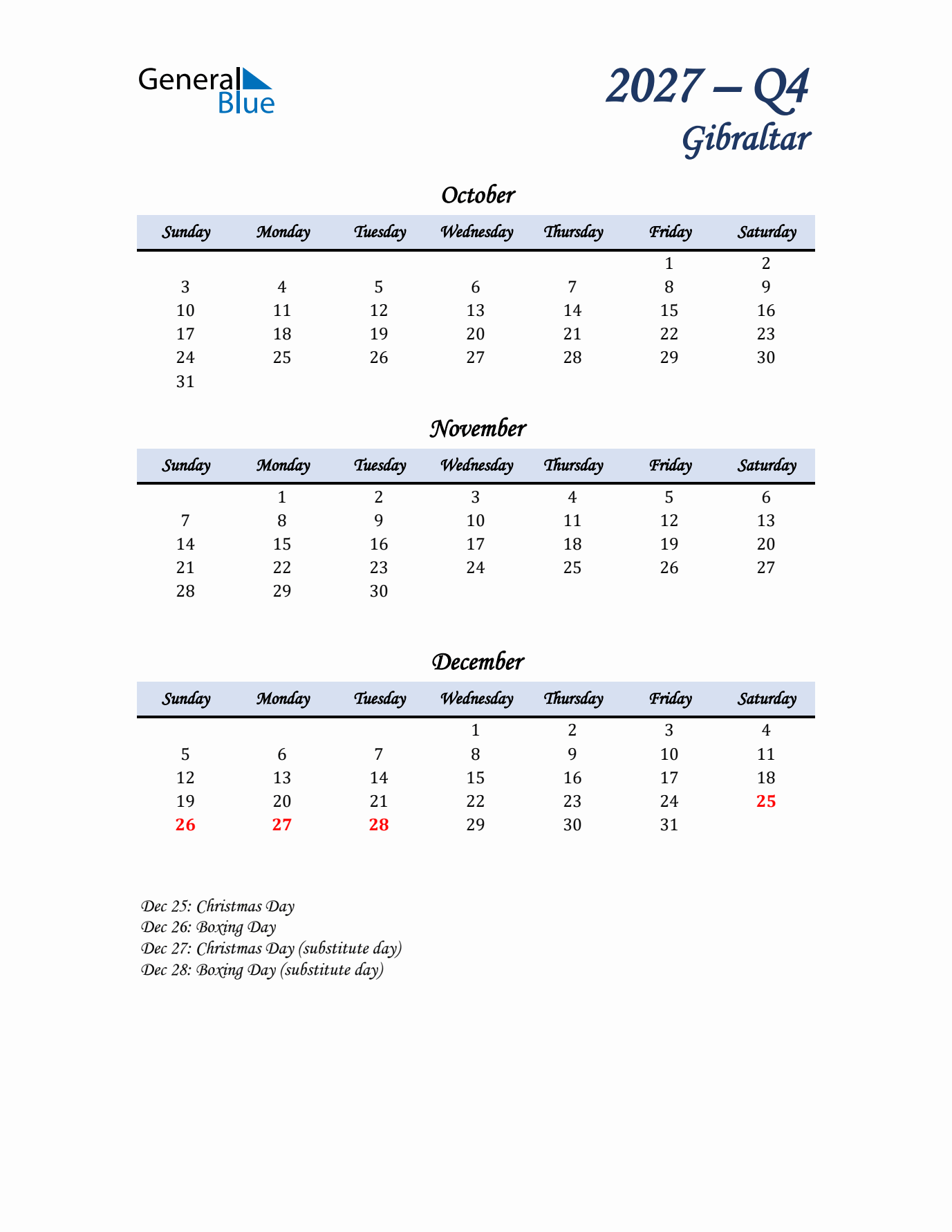 October, November, and December Calendar for Gibraltar with Sunday Start