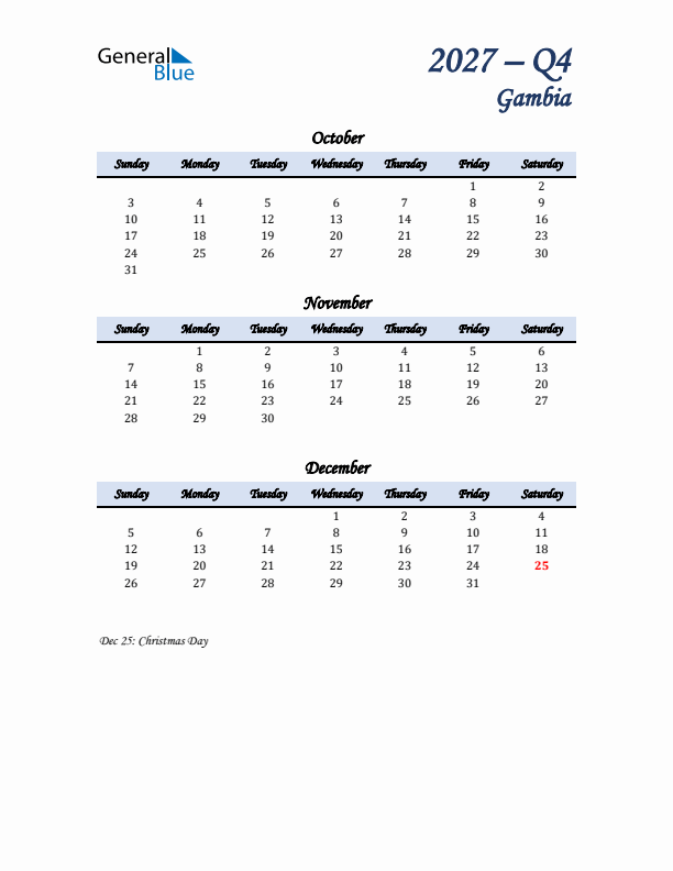October, November, and December Calendar for Gambia with Sunday Start