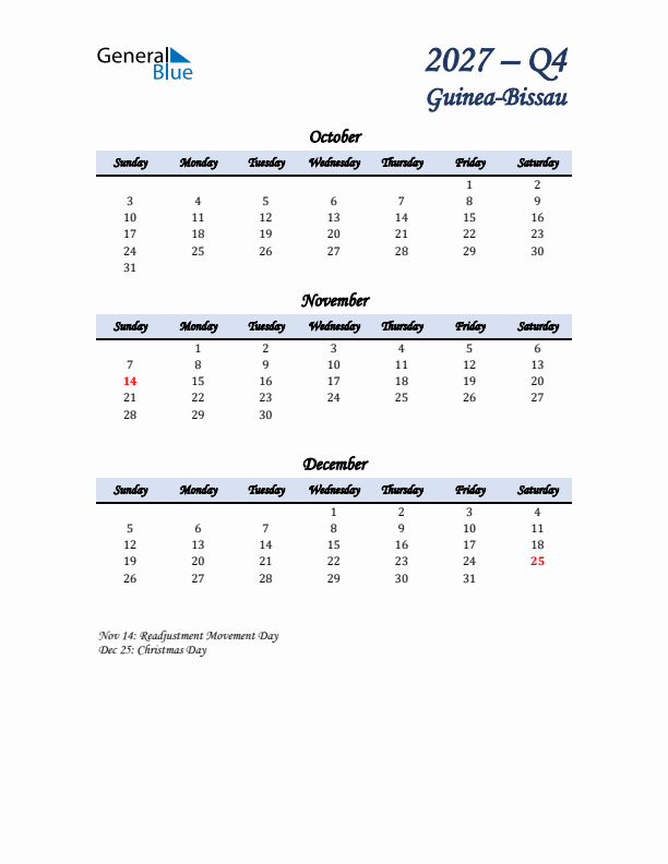 October, November, and December Calendar for Guinea-Bissau with Sunday Start