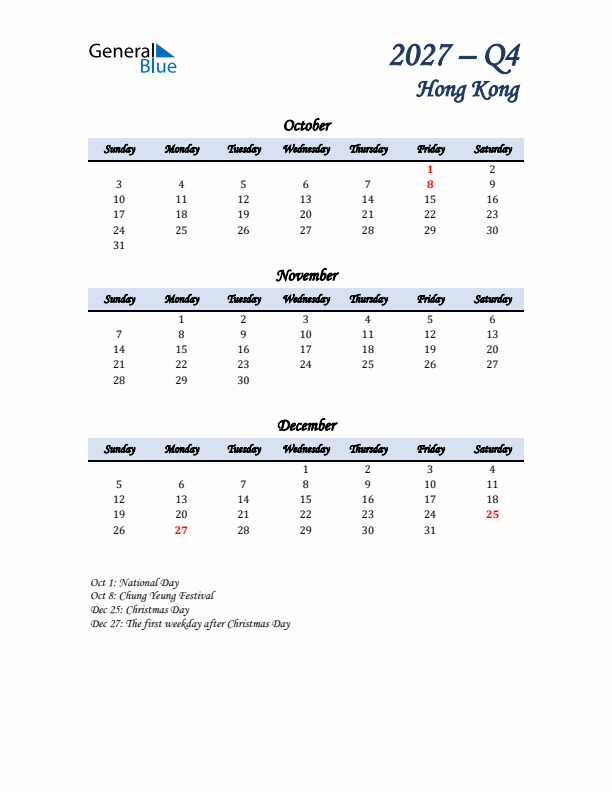 October, November, and December Calendar for Hong Kong with Sunday Start