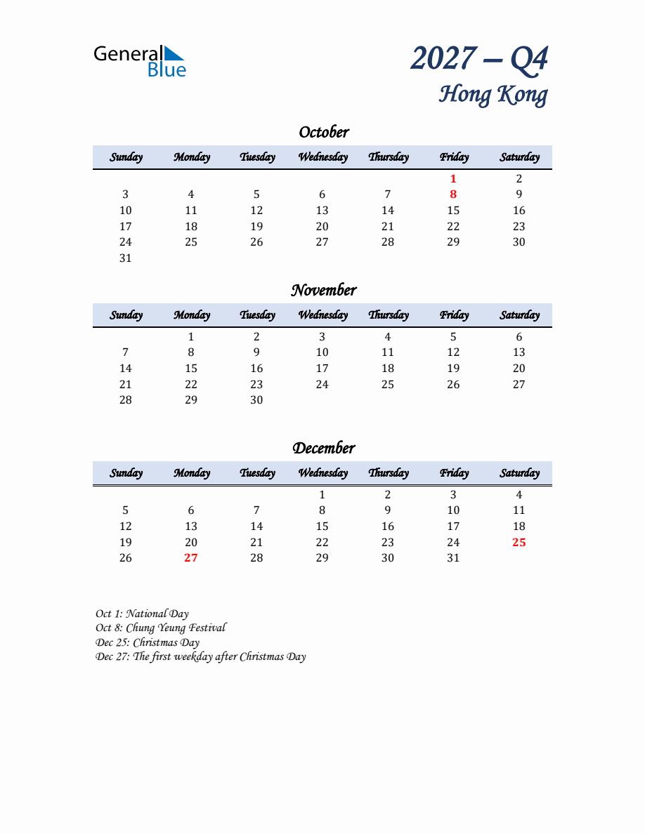October, November, and December 2027 Calendar for Hong Kong