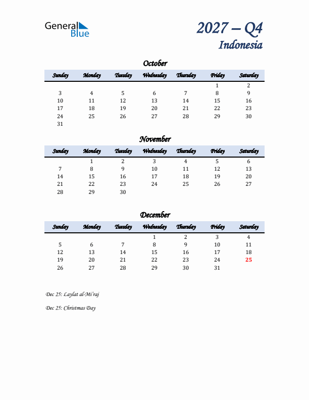 October, November, and December Calendar for Indonesia with Sunday Start