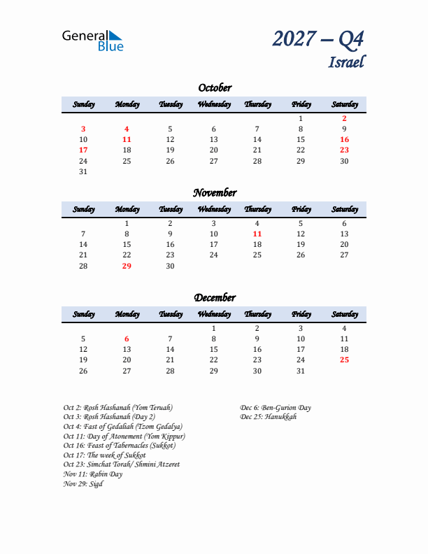 October, November, and December Calendar for Israel with Sunday Start