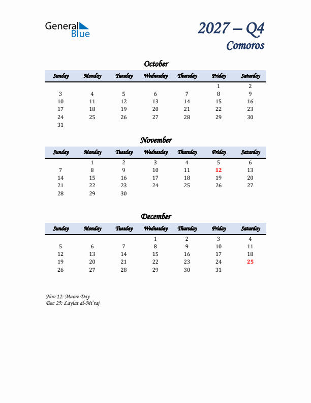 October, November, and December Calendar for Comoros with Sunday Start