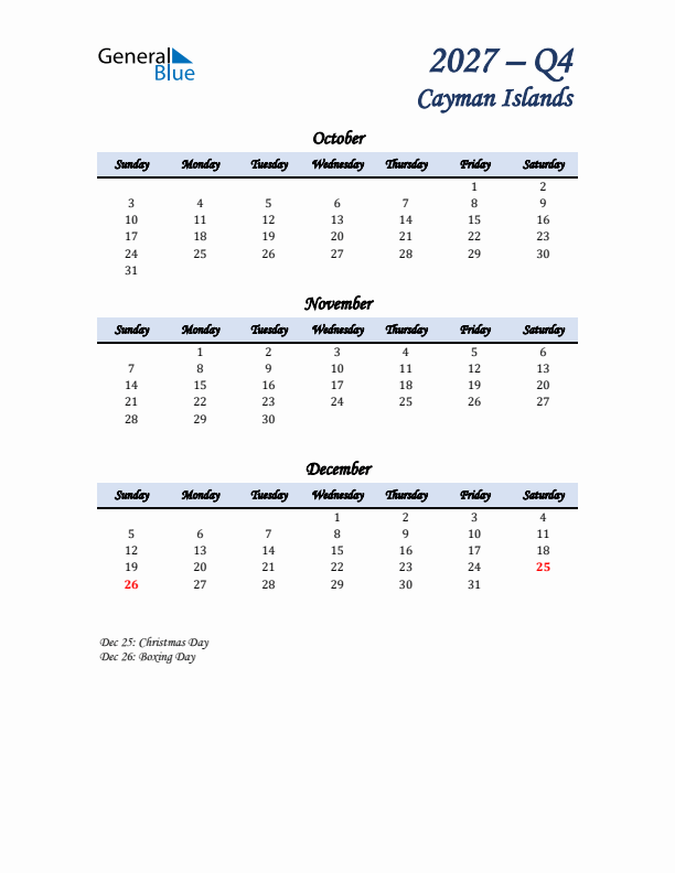 October, November, and December Calendar for Cayman Islands with Sunday Start