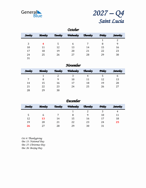 October, November, and December Calendar for Saint Lucia with Sunday Start