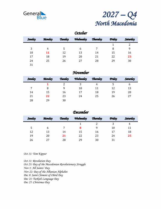 October, November, and December Calendar for North Macedonia with Sunday Start