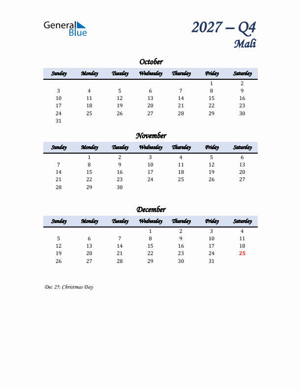 October, November, and December Calendar for Mali with Sunday Start