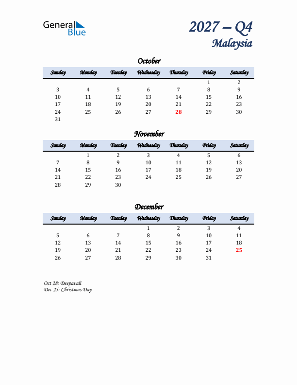 October, November, and December Calendar for Malaysia with Sunday Start
