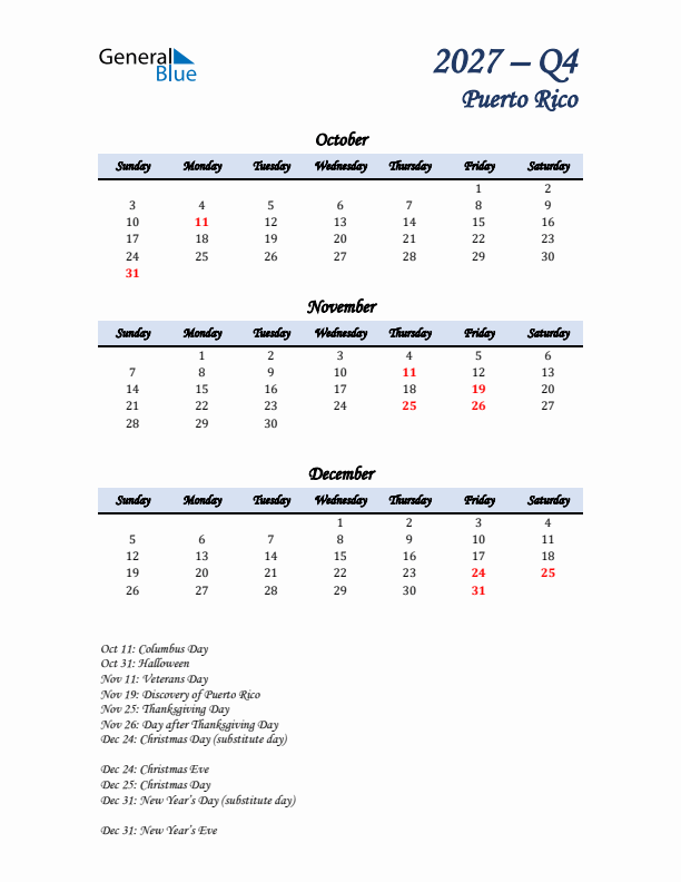 October, November, and December Calendar for Puerto Rico with Sunday Start