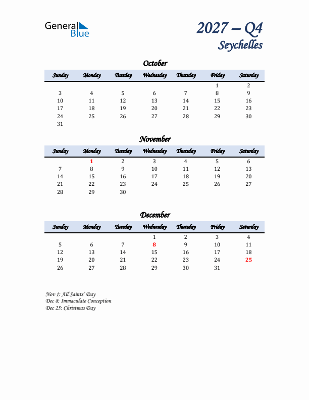 October, November, and December Calendar for Seychelles with Sunday Start