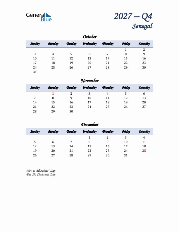 October, November, and December Calendar for Senegal with Sunday Start