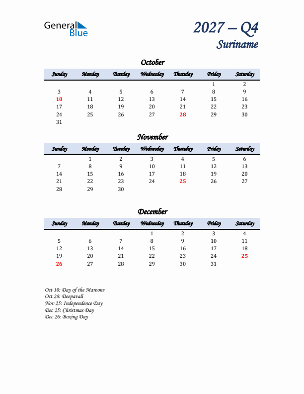 October, November, and December Calendar for Suriname with Sunday Start