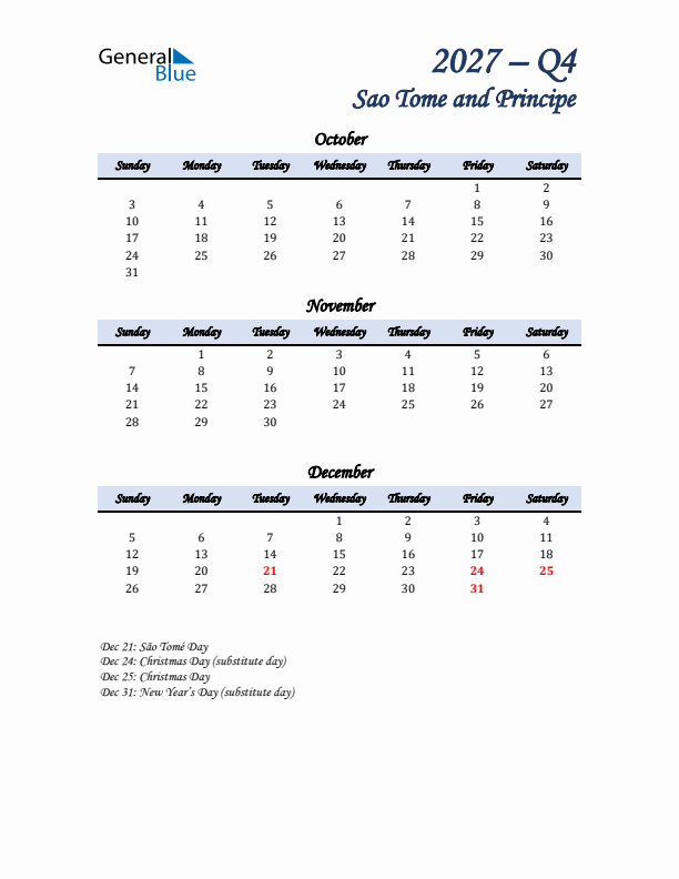 October, November, and December Calendar for Sao Tome and Principe with Sunday Start
