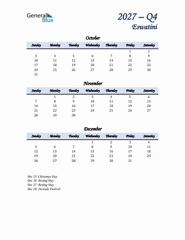 October, November, and December Calendar for Eswatini with Sunday Start
